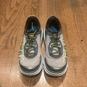 HOKA gray and yellow sneakers size 9.